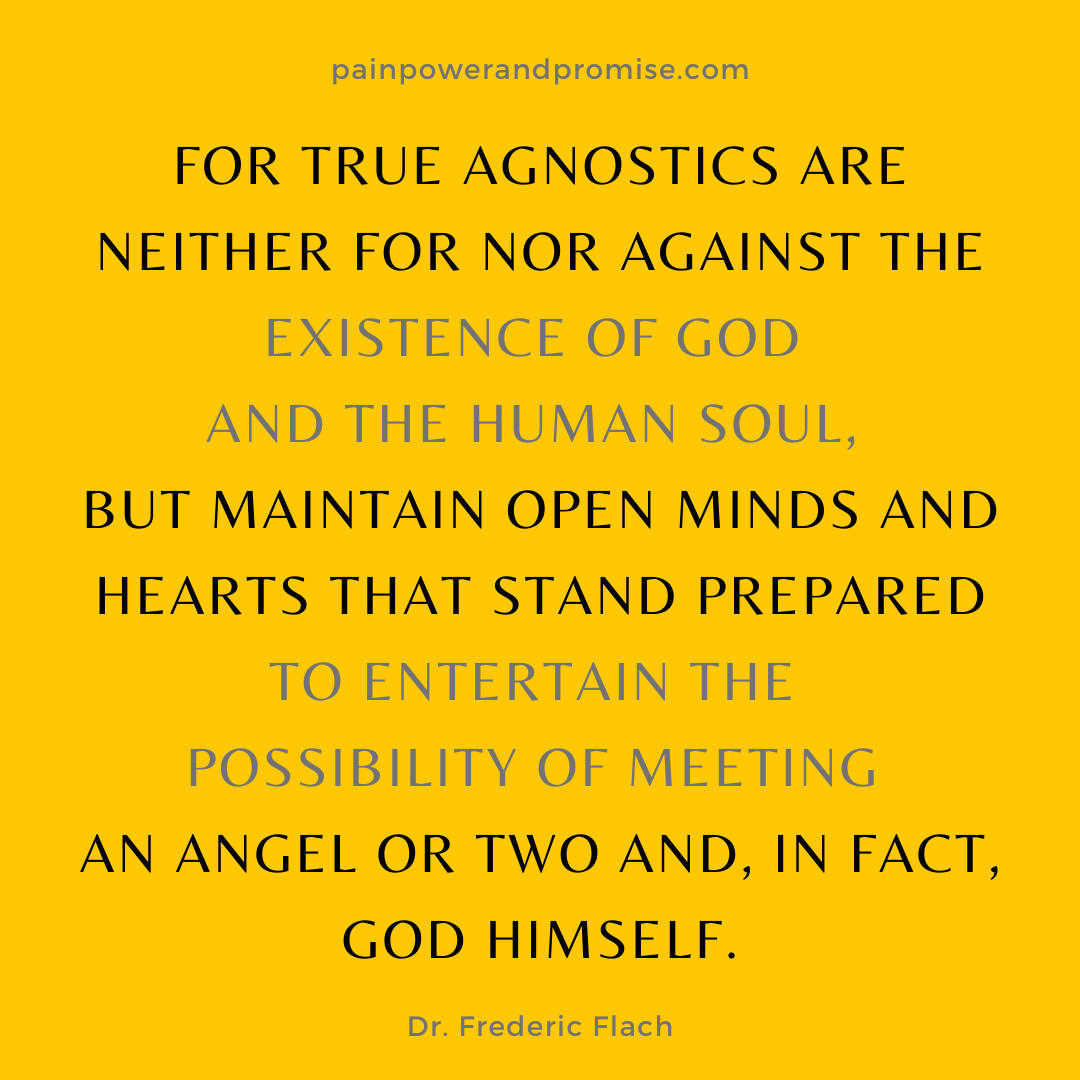 your daily dose of resilience For true agnostics are neither for nor against the existence of God and the human soul, but maintain open minds and hearts that stand prepared to entertain the possibility of meeting an angel or two and, in fact, God himself.
