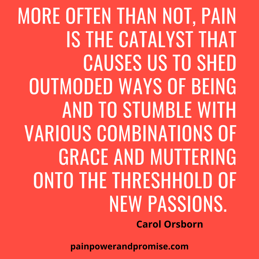 Inspirational Quote: More often than not, pain is the catalyst that causes us to shed outmoded ways of being and to stumble with various combinations of grace and muttering onto the threshhold of new passions.