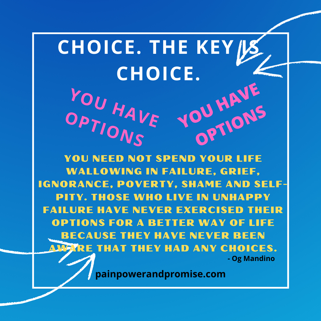 Choice. The key is choice. You have options. You need not spend your life wallowing in failure, grief, ignorance, poverty, shame and self-pity.